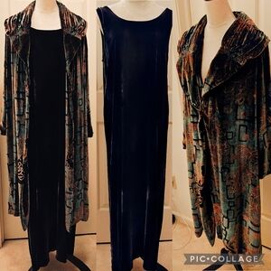 Vtg Harari Silk Black Velvet Sleeveless Maxi Dress w Crushed Velvet Overcoat